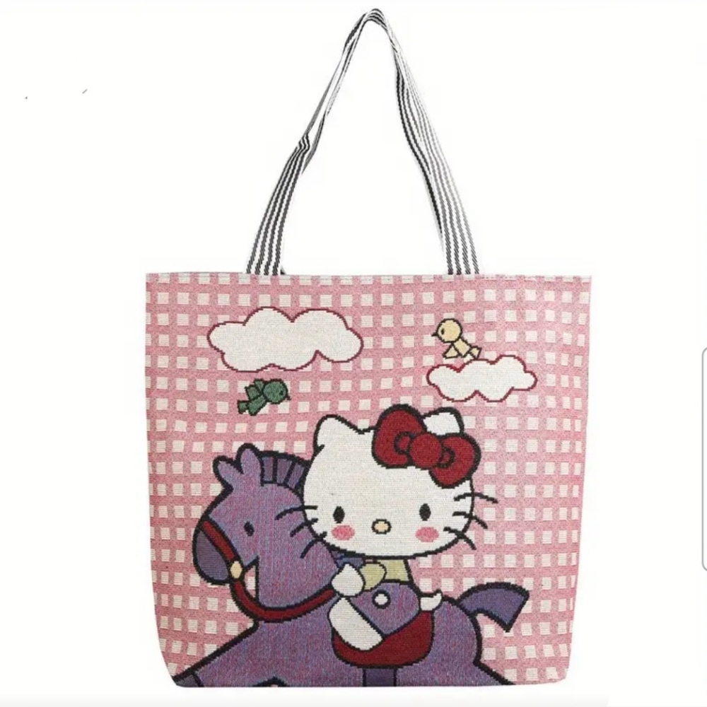 Hello Kitty Canvas embroidered 17" Tote Bag on a purple horse